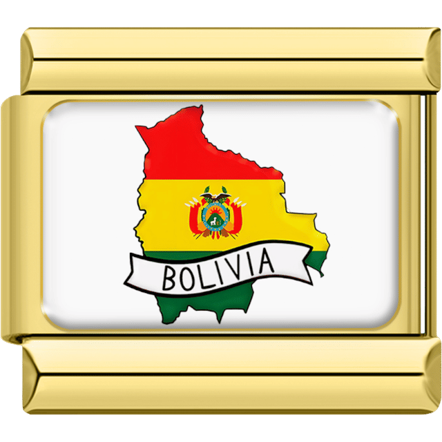 Italian charm with a gold frame featuring the shape of Bolivia in red, yellow and green flag stripes with the national emblem, and a banner reading “Bolivia.”